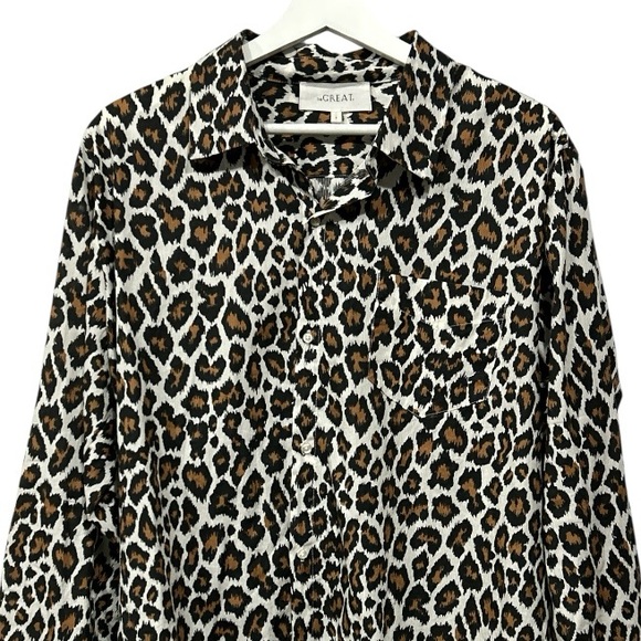 THE GREAT Heritage Leopard Post Top Button Front Sz 3/ L White Black Brown - Picture 4 of 12